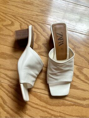 Zara square toe block heel leather mules sandals